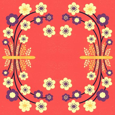 Sarı arkaplanda kırmızı çiçekli kusursuz desen, vektör illüstrasyonu