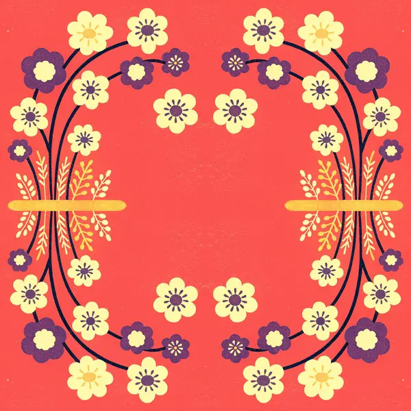 Sarı arkaplanda kırmızı çiçekli kusursuz desen, vektör illüstrasyonu