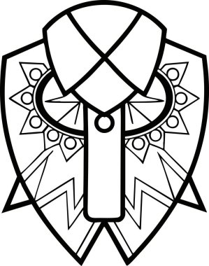 Beyaz zemin üzerinde ok ve yay olan bir kalkan.