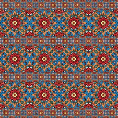 Kusursuz çiçek deseni. Birçok çiçeğin olduğu soyut bir arkaplan. vektörsüz desen mavi, kırmızı ve turuncu renklerde.