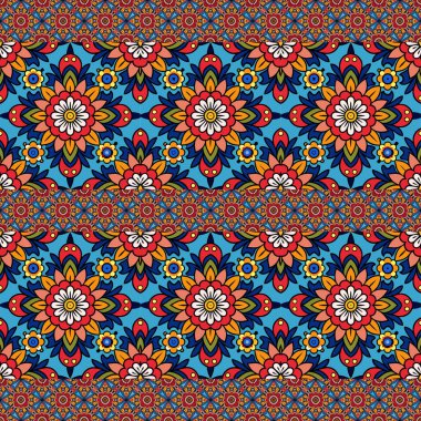 Renkli etnik çiçekli arka planda kusursuz bir vektör deseni. Hint tarzında eski bir süs, Hint tarzı..