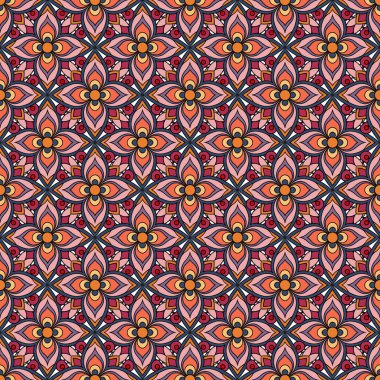 Çiçek desenli vektör, soyut tasarım. Kırmızı arka planda çiçekli ve yapraklı kusursuz desen, pürüzsüz desen.