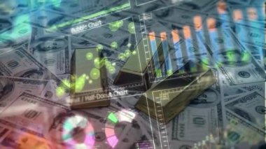 Grafikler ve grafiklerle dolu renkli arkaplanda dolar işaretinin dijital bileşimi