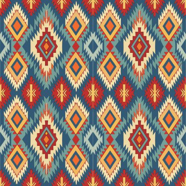 Etnik, pürüzsüz bir model. Kabile süsü, tekstil, kumaş ve kumaş içeren renkli soyut vektör arkaplanı.