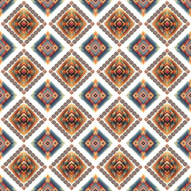 Etnik, pürüzsüz bir model. Kabile süsü, tekstil, kumaş ve kumaş içeren renkli soyut vektör arkaplanı.