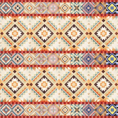 Etnik, pürüzsüz bir model. Kabile süsü, tekstil, kumaş ve kumaş içeren renkli soyut vektör arkaplanı.