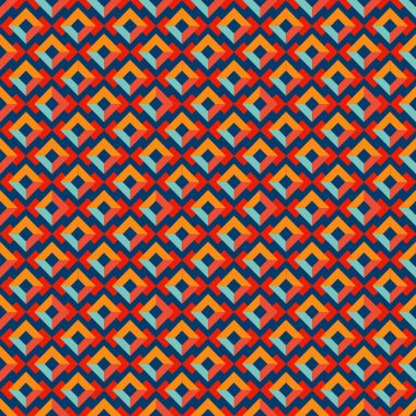 Lacivert arkaplanda kırmızı ve turuncu renk eşkenar dörtgenleriyle kusursuz soyut geometrik desen..