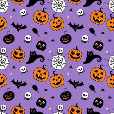 Cadılar bayramı arka planında balkabakları, yarasalar ve örümcek ağı var. Cadılar Bayramı biçiminde vektör illüstrasyonu.