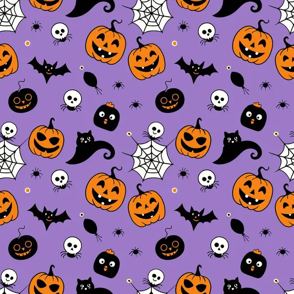 Cadılar bayramı arka planında balkabakları, yarasalar ve örümcek ağı var. Cadılar Bayramı biçiminde vektör illüstrasyonu.