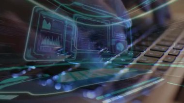 Kadın elinin bilgisayar ve finansal temalı hologram çizimlerinde çoklu pozlama. Borsa analizi kavramı.