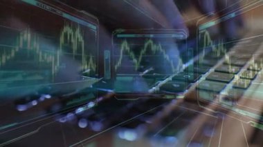 Bilgisayarda ve ön grafik hologram çiziminde kadın eli yazarken çift pozlama. borsa yatırım konsepti.