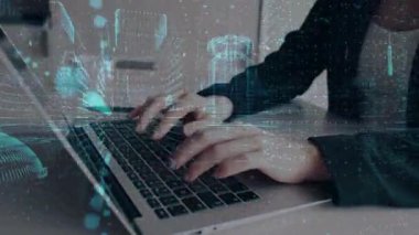 İşadamı bilgisayarını teknoloji efektli kullanıyor. çift pozlama