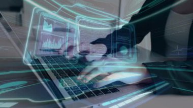 Bilgisayarda ve ön x grafik hologram çiziminde kadın eli yazarken çift pozlama. Borsa yatırım kavramı.