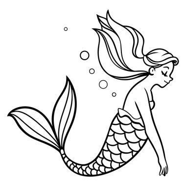 minimal deniz kızı vektörü siyah beyaz çizgi sanat tasarımı