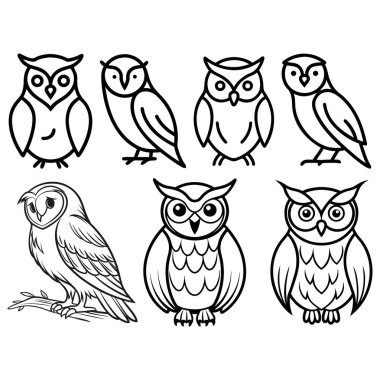 Baykuş çizgisi silueti siyah ve beyaz vektör çizgisi çizelgesi