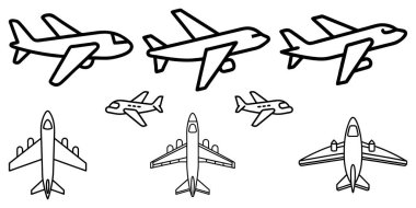 Siyah ve Beyaz Vektör Çizgisi Uçak Minimum Doodle Set Sanatı