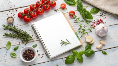 Taze malzemeler ve yemek pişirme ilhamına ve sağlıklı yemek pişirme fikirlerine hazır boş tarif kitabı.