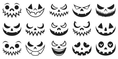 Çeşitli Cadılar Bayramı balkabağı yüzleri koleksiyonu festival tasarımları ve projeleri için tuhaf ifadeler sunuyor..