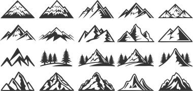 Açık hava macera tasarımları için çarpıcı dağ zirvesi silueti koleksiyonu ve doğadan esinlenilmiş zamansız cazibeli markalaşma projeleri