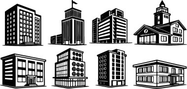 Kalın siyah beyaz binalar içeren dinamik şehir manzarası koleksiyonu, kentsel gelişim veya mimari tasarım projeleri için mükemmel.
