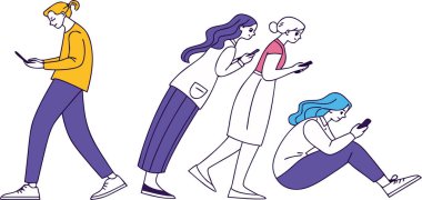 Çevrimiçi iletişim, sosyal medya bağlantısı, yürüme, oturma ve tarama için akıllı telefonları kullanan çeşitli genç kadınlar grubu