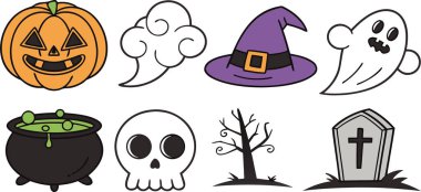 Ürkütücü Cadılar Bayramı simgeleri yaratıcı projeler, davetiyeler ve balkabağı, hayalet, kafatası, cadı şapkası gibi dekorasyonlar için mükemmel.