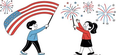 Bağımsızlık Günü 'nü kutlayın! Amerikan bayrağı sallayan oğlan ve maytaplı kız, vatansever bayram eğlencesi, dinamik şenlik ruhu, neşe