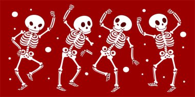 Cadılar Bayramı partisi davetiyeleri için ürkütücü ama eğlenceli dans iskeletleri ya da eski moda kutlama atmosferli şenlik tasarımları.