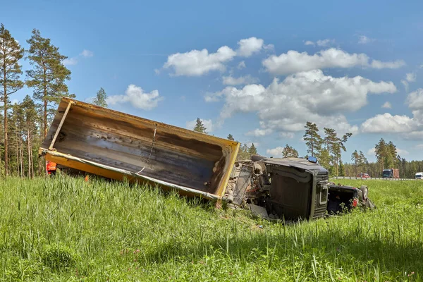 stock image June 09, 2021, Tinuzhi, Latvia: car after accident on a road because of collision with a truck, transportation background