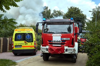 August 8, 2022, Riga, Latvia: extinguishing the fire destroyed the village house