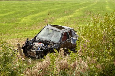 August 19, 2022 Mengele, Latvia: car after accident on a road because of frontal collision, transportation background
