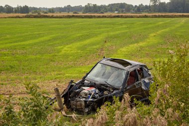August 19, 2022 Mengele, Latvia: car after accident on a road because of frontal collision, transportation background