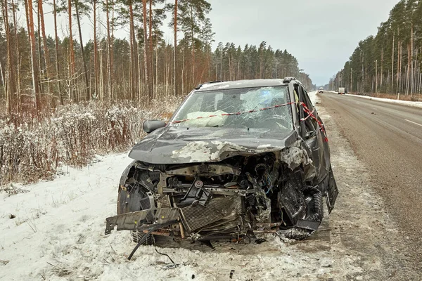November 2022 Riga Letland Auto Ongeluk Weg Door Frontale Botsing Stockafbeelding