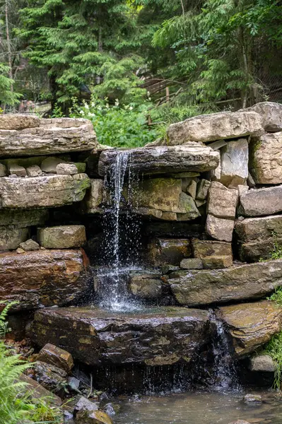 Güneşli bir günde ormanda taştan bir şelale. yüksek kaliteli fotoğraf