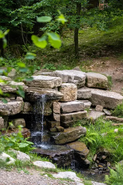 Güneşli bir günde ormanda taştan bir şelale. yüksek kaliteli fotoğraf