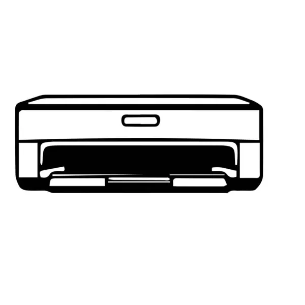 Bir masaüstü yazıcısının temiz, düz, siyah ve beyaz ana hatlı çizimi.