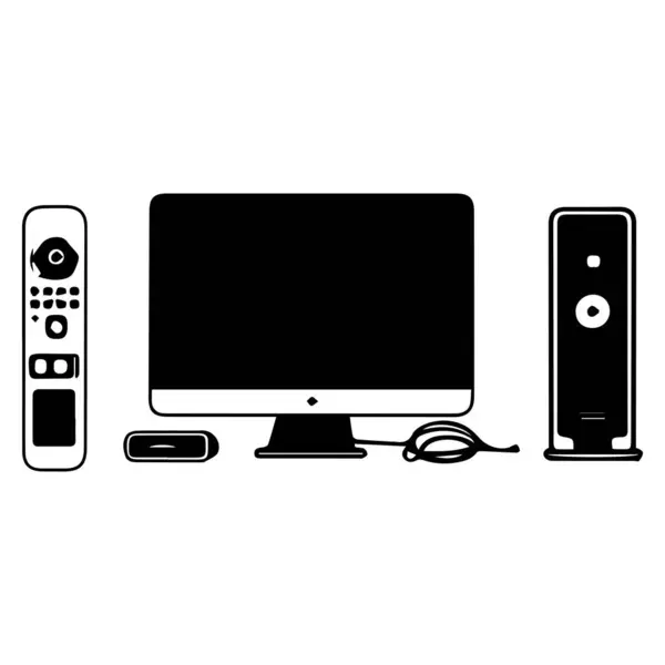 Bu siyah ve beyaz vektör grafiği bir televizyon, uzaktan kumanda, yayın kutusu ve bir hoparlör tasvir eder..