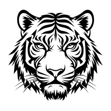 Bir kaplanın kafasının stilize edilmiş, siyah ve beyaz grafik çizimi.