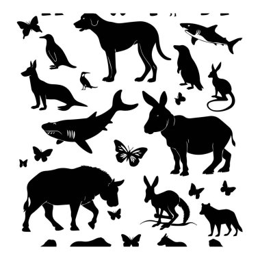 Siyah ve Beyaz Siluet Çeşitli Hayvanlar ve Kelebekler Koleksiyonu