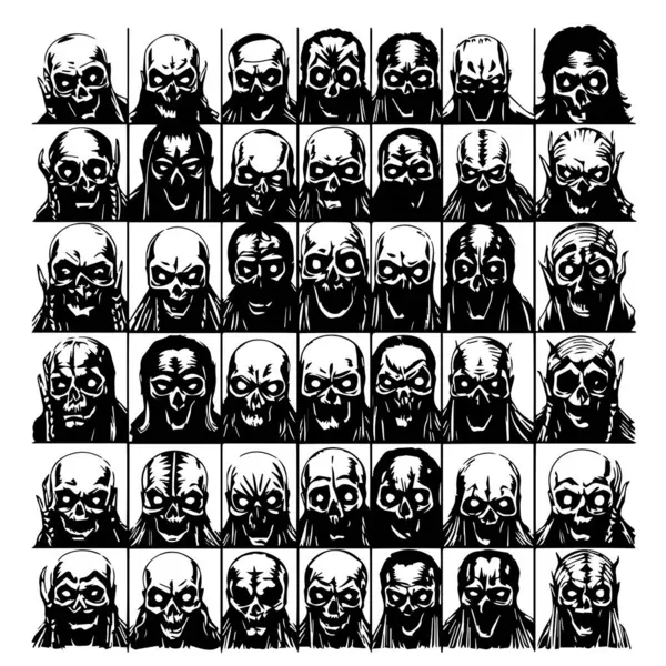 48 adet siyah beyaz kafatası çizimi koleksiyonu