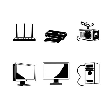 Siyah ve Beyaz Çizgi Sanat Simgeleri Koleksiyonu Beyaz Arkaplan Üzerine Teknoloji ve İş Kavramlarını Temsil Ediyor