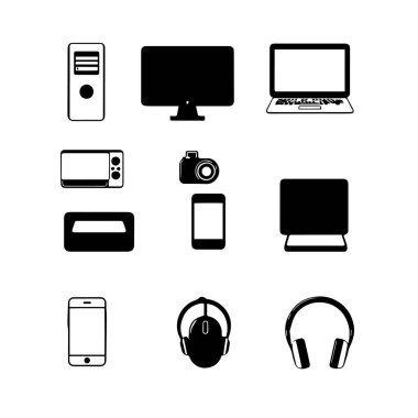 Siyah ve Beyaz Çizgi Sanat Simgeleri Koleksiyonu Beyaz Arkaplan Üzerine Teknoloji ve İş Kavramlarını Temsil Ediyor