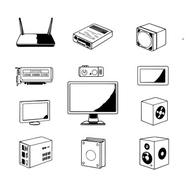 Siyah ve Beyaz Çizgi Sanat Simgeleri Koleksiyonu Beyaz Arkaplan Üzerine Teknoloji ve İş Kavramlarını Temsil Ediyor