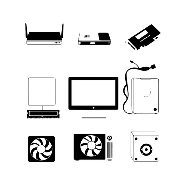 Siyah ve Beyaz Çizgi Sanat Simgeleri Koleksiyonu Beyaz Arkaplan Üzerine Teknoloji ve İş Kavramlarını Temsil Ediyor