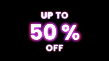 % 50 'ye varan indirimli bir satışın cesur bir duyurusu. Esmer arka planda parlak pembe ve mor harflerle sunuluyor..