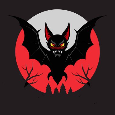 Ayın önünde kırmızı gözlü ve sivri dişli kara yarasa