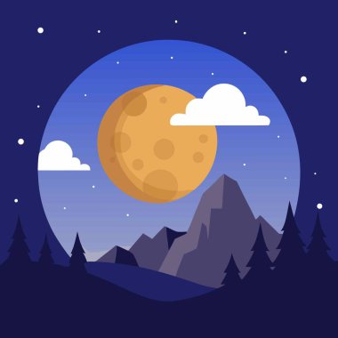 Karanlık dağların ve çam ağaçlarının üzerinde dolunay.