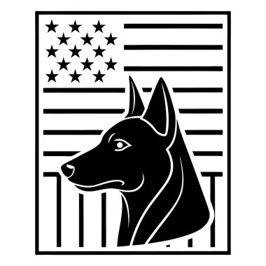 Siyah köpek kafası silueti stilize Amerikan bayrağına karşı