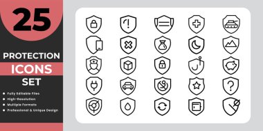 Beyaz arkaplanda 25 kırmızı koruma simgesi.