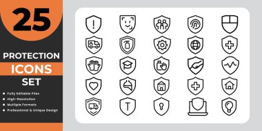 Beyaz arkaplanda 25 siyah koruma simgesi koleksiyonu.